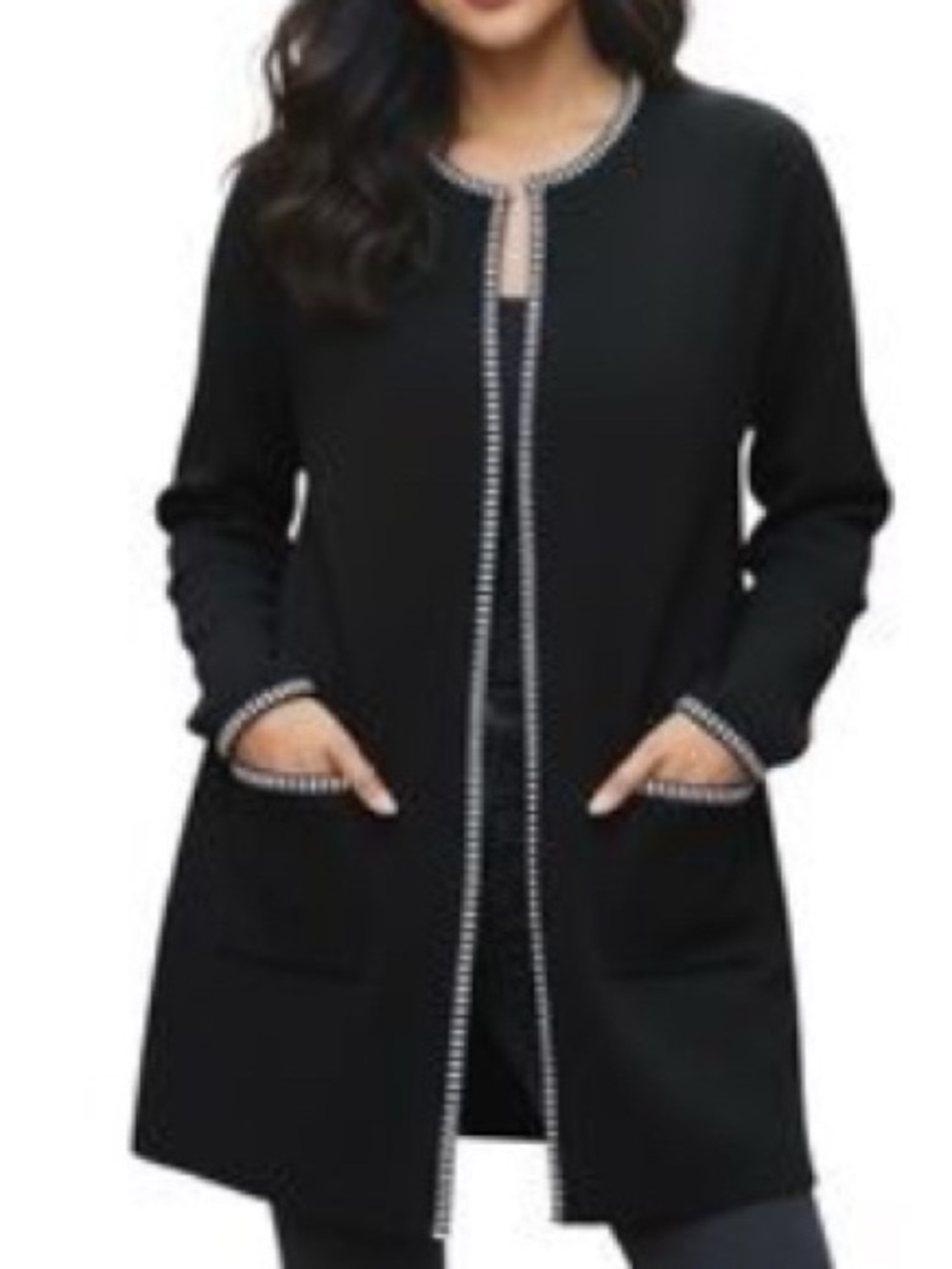 Magaschoni Black White Blanket Whipstitch Open Front Duster Cardigan M